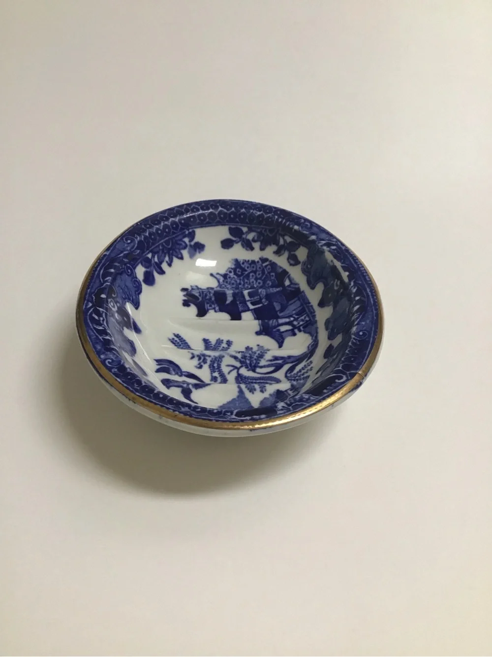 Blue Willow Antique 1920's England Burleigh Ware Oval Soap Dish Ridges Gold Rim